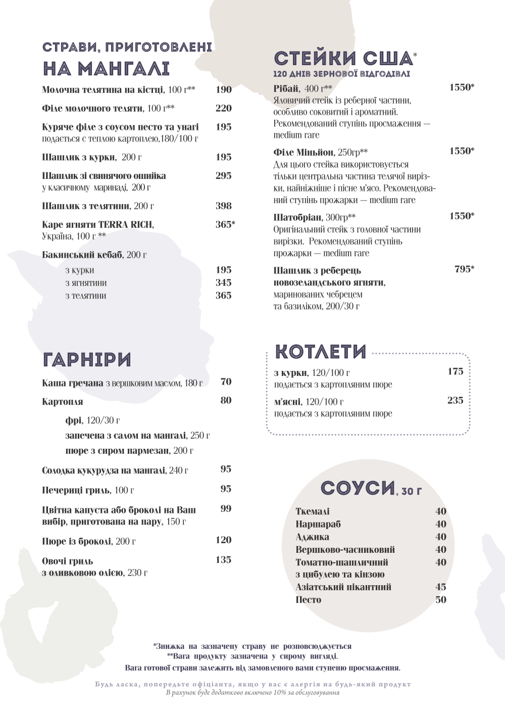 Основное меню ресторана СМОРОДИНА