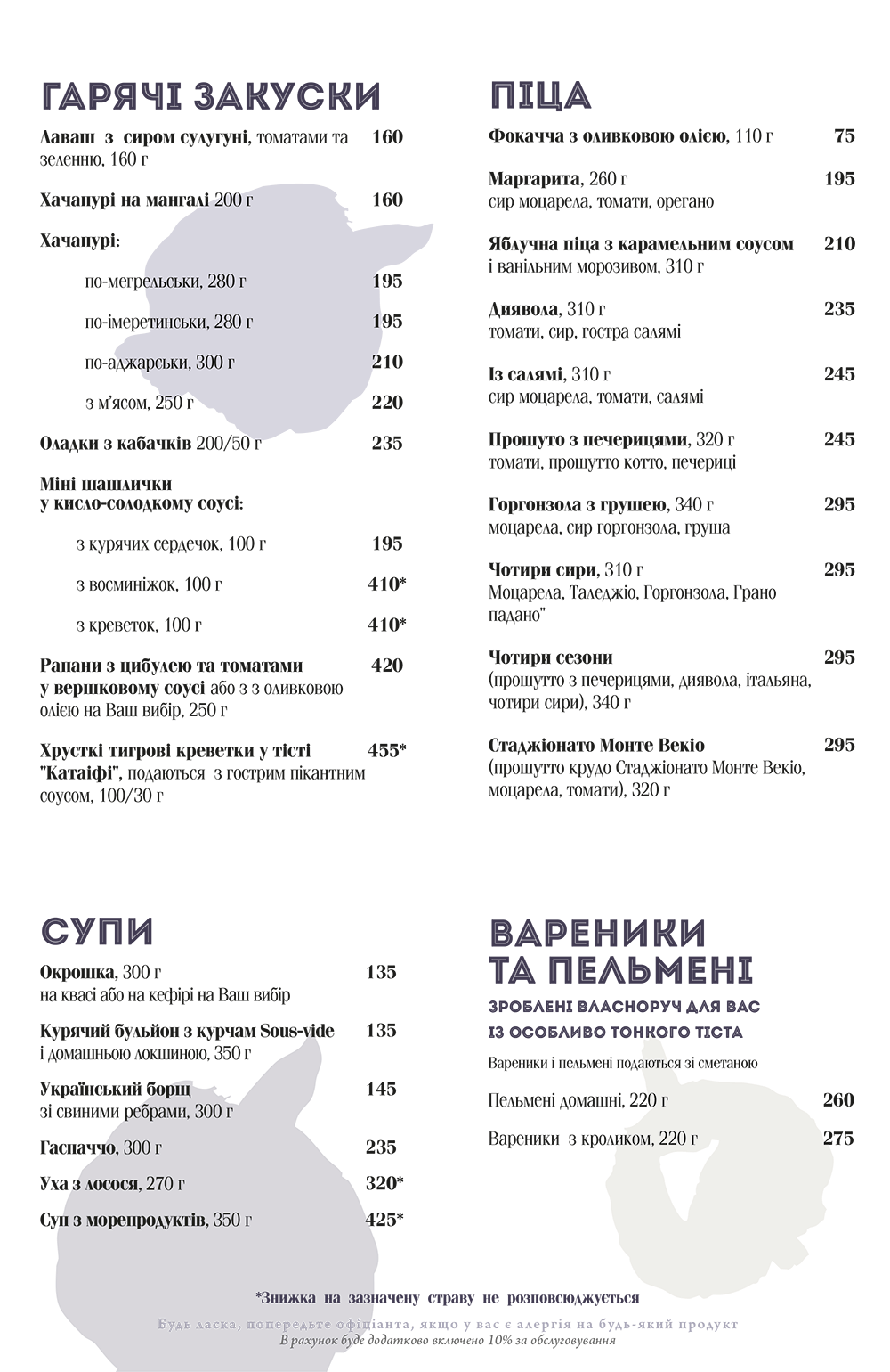 Основне меню ресторана СМОРОДИНА
